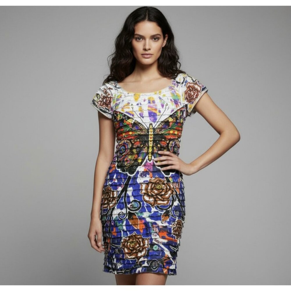 Moa Moa Womens Small Dress Butterfly Short Sleeve Y2K Multicolor‎ Stretch Art
